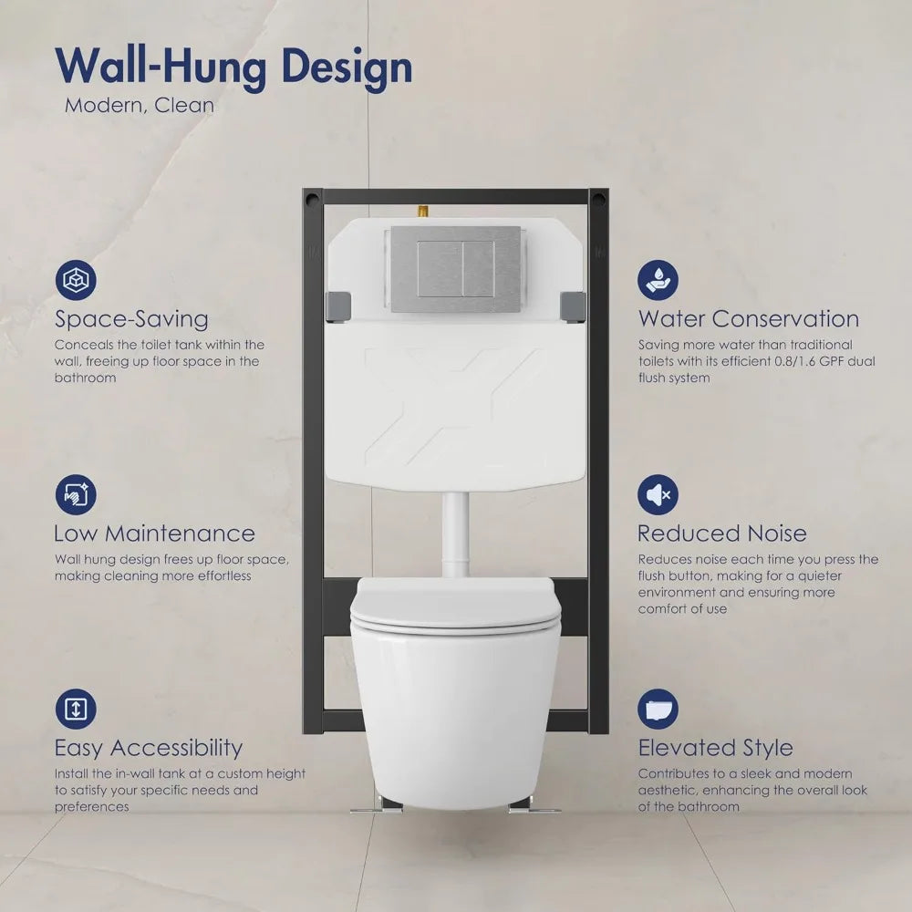 Dual-Flush Wall-Mounted Toilet System with Integrated Tank and Carrier