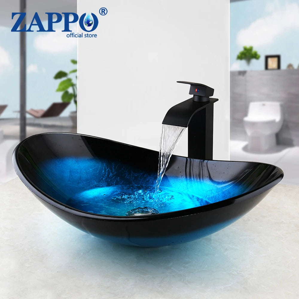 Tempered Glass Bathroom Vessel Sink with Waterfall Black Faucet Tap Bathroom Oval Blue Vessel Sinks Above Counter Basin