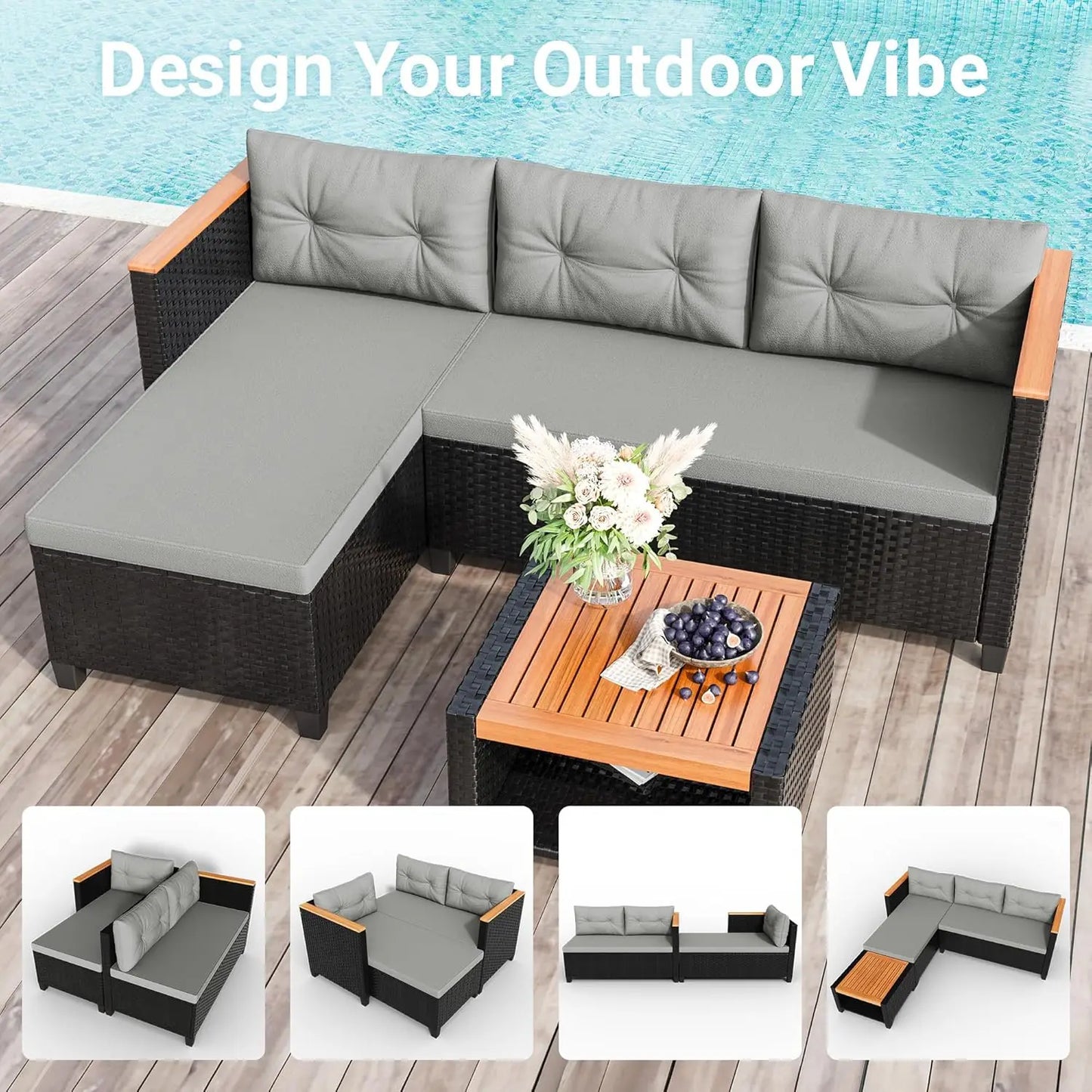Grey L-Shape Patio Furniture for Balcony
