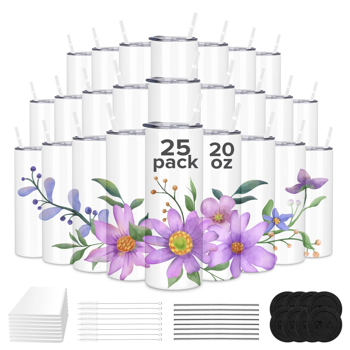 Sublimation Tumblers Blanks 20 oz 25 Pack Skinny Straight Tumblers Bulk Stainless Steel Insulated Sublimation Cups with Lid and