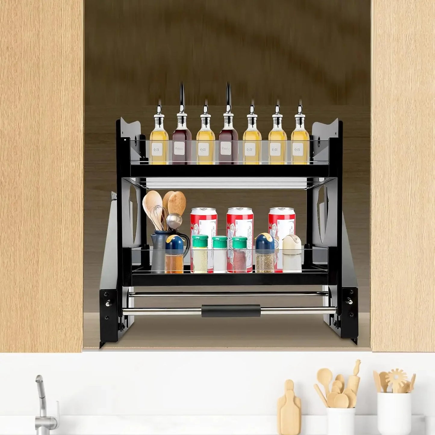 24" Pull Down Cabinet Organizer-2-Tier Drop Down Shelf