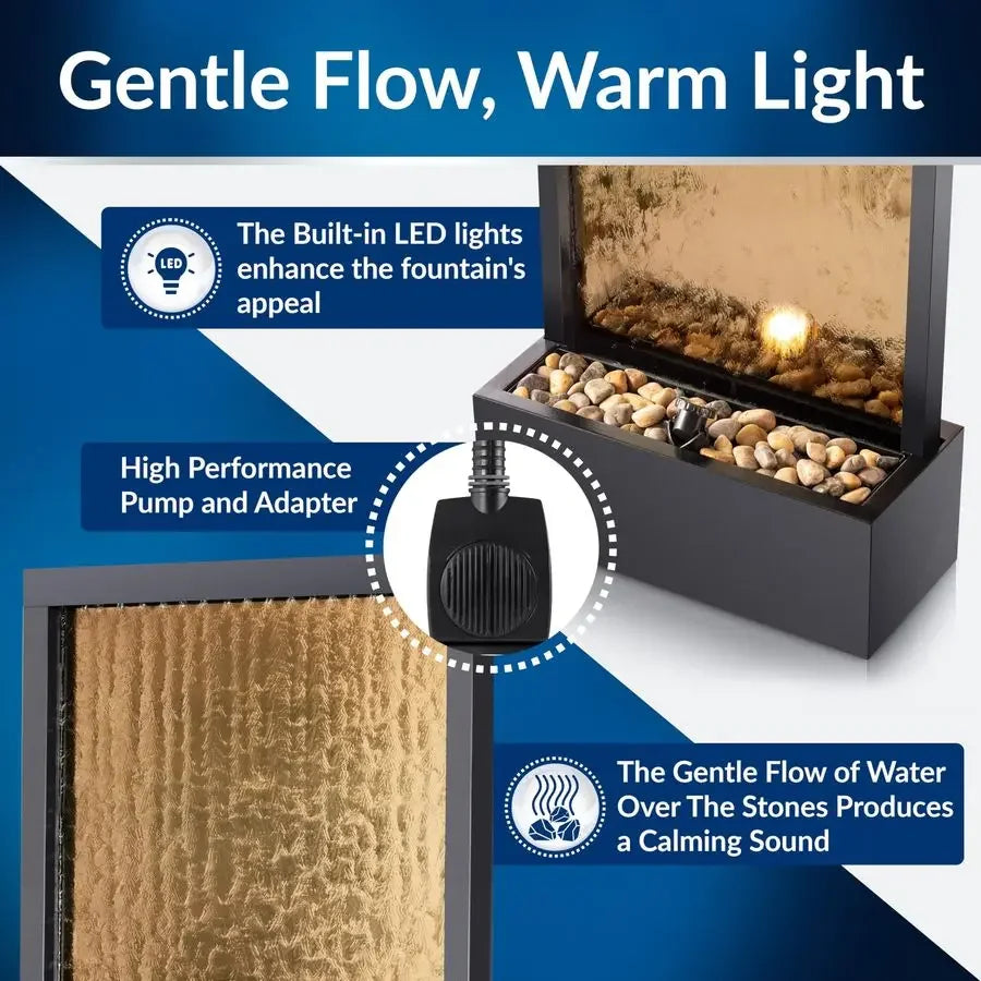72 Tall Indoor Outdoor Mirror Waterfall Floor Fountain, LED Lights amp River Stones, Elegant Bronze Finish for Home, Office, Pa
