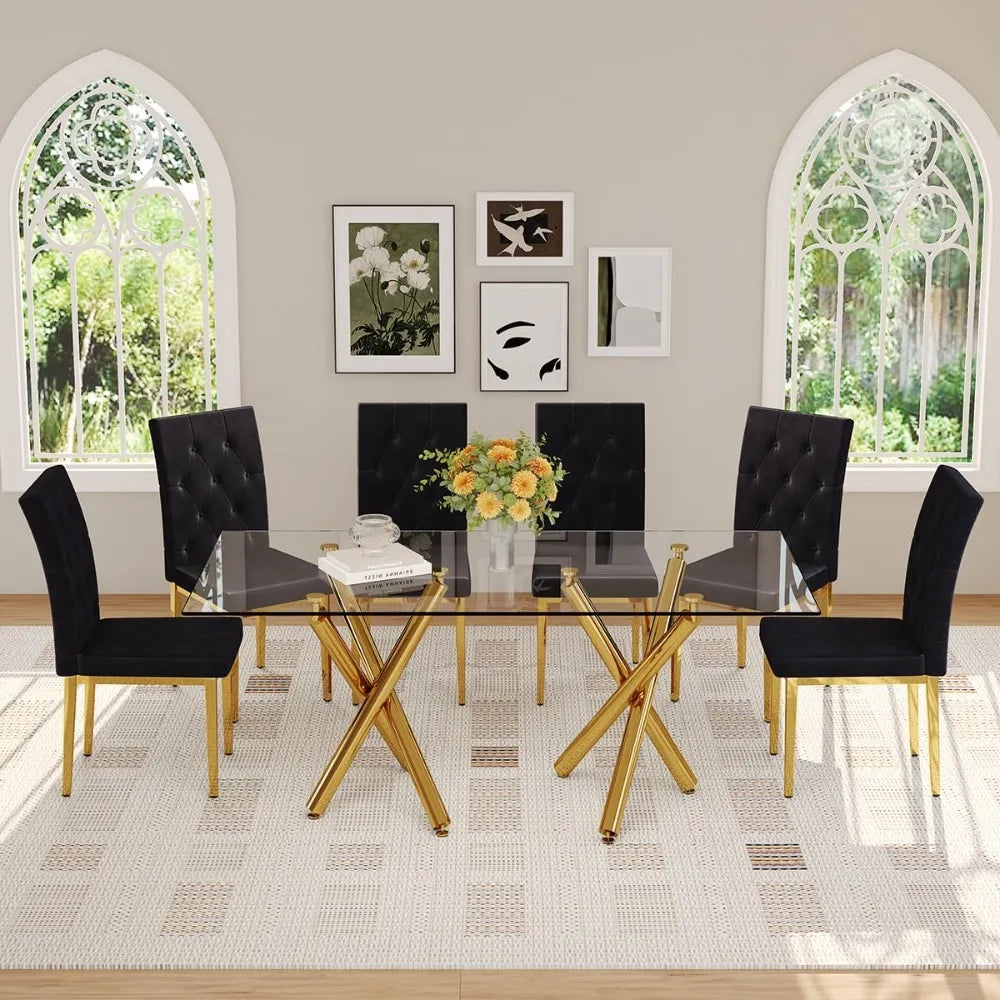 Glass Dining Table, Gold Table for 6-8