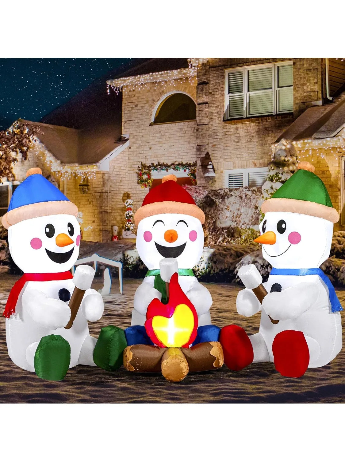 6 FT Long Christmas Inflatable Snowman with Campfire with Built-in LEDs for Xmas Party Christmas Blow Up Yard Decoration