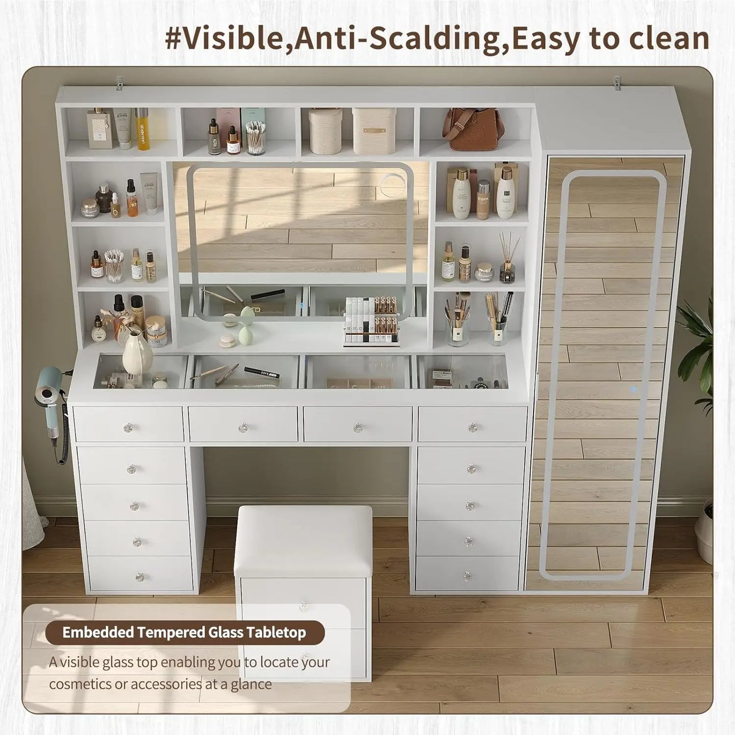 Vanity Desk Full Length Mirror & LED Mirror with Power Outlet