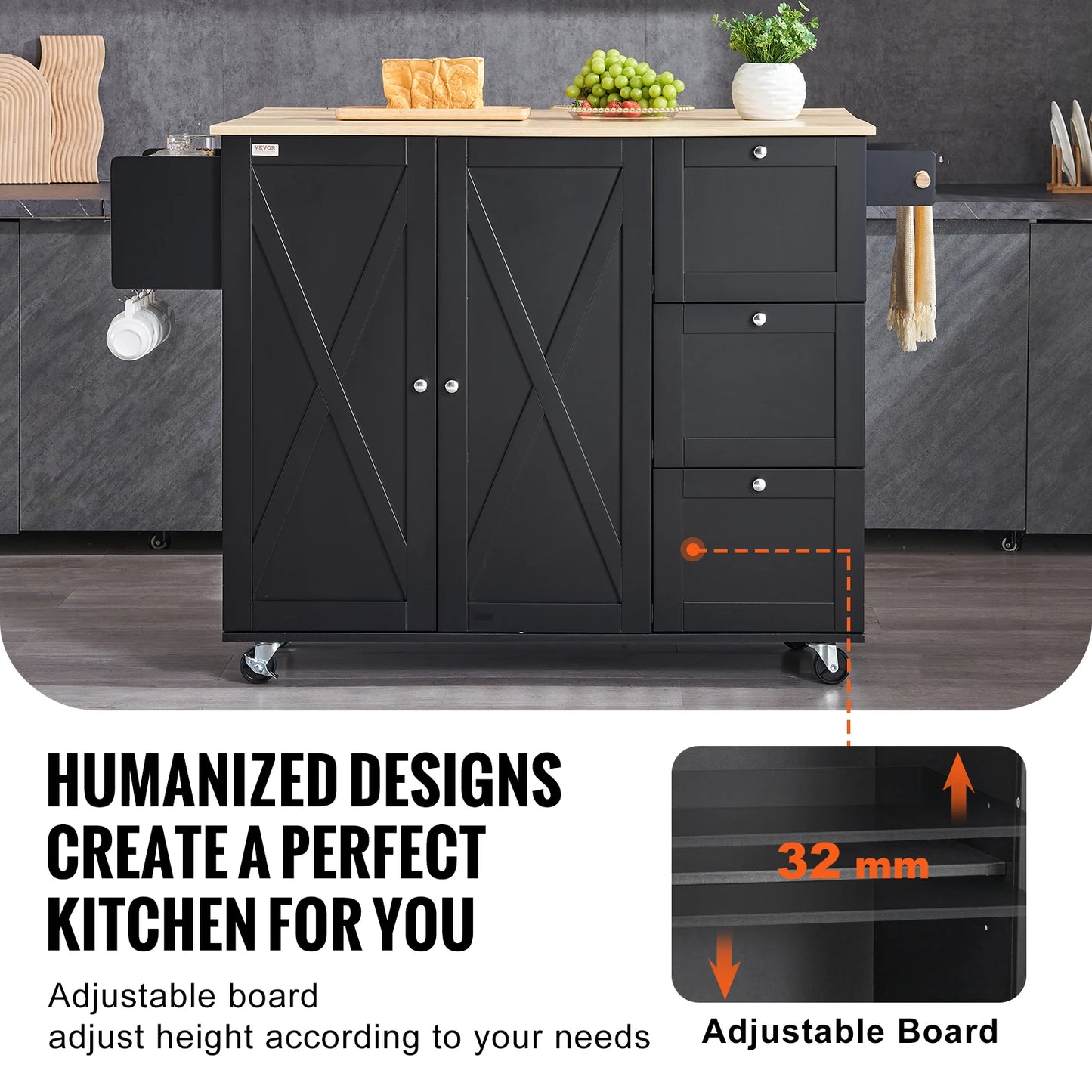 56" Kitchen Island Cart Wood Top Mobile Carts with Storage Cabinet Rolling Table with Spice Rack Towel Adjustable Shelf