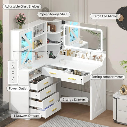 L-Shaped LED Lighted Mirror & Charging Station, White Makeup Vanity
