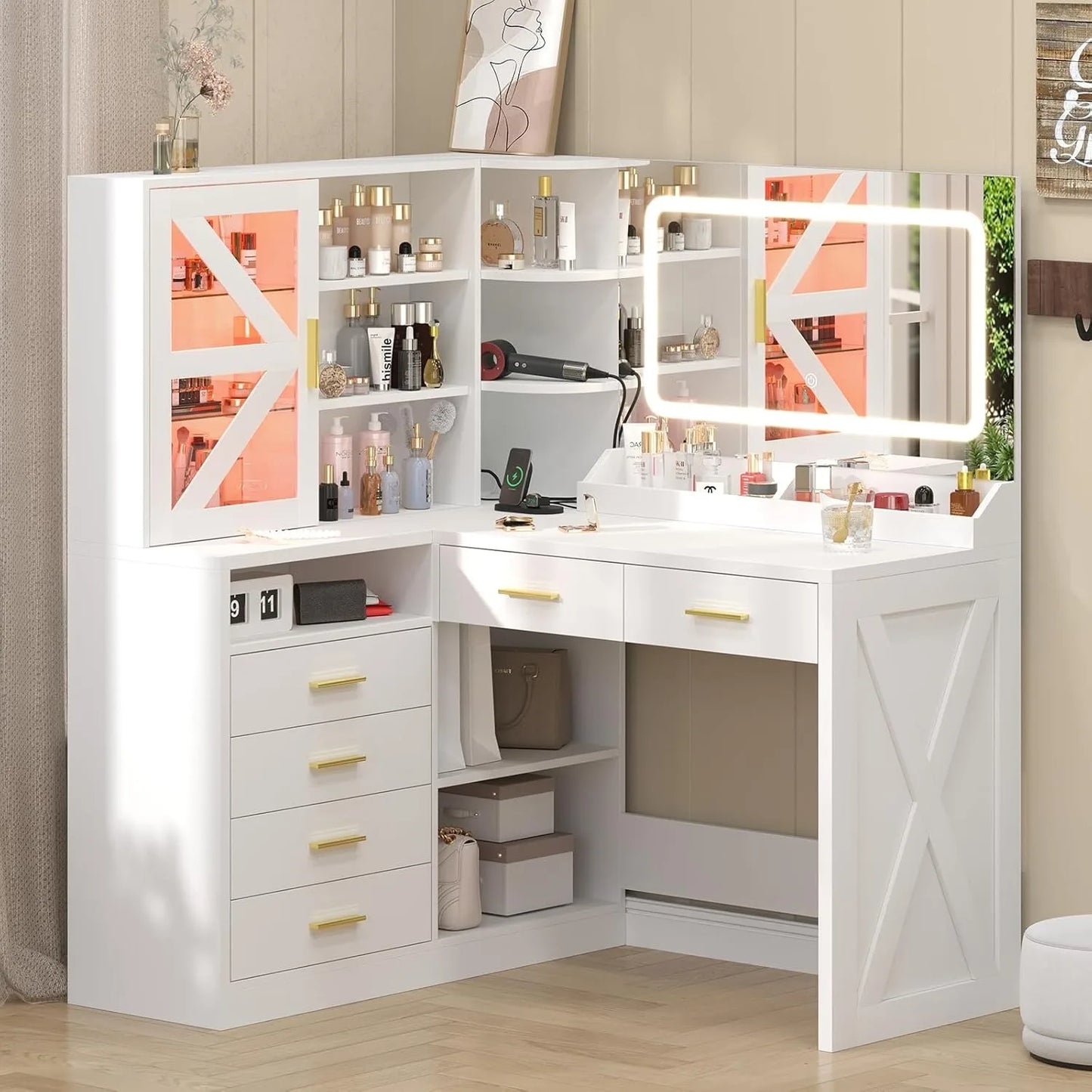 L-Shaped LED Lighted Mirror & Charging Station, White Makeup Vanity