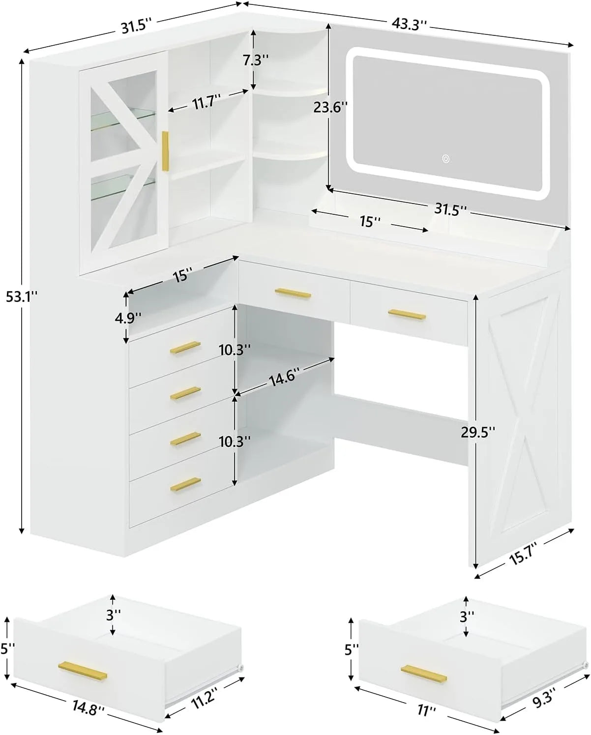 L-Shaped LED Lighted Mirror & Charging Station, White Makeup Vanity