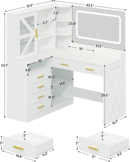 L-Shaped LED Lighted Mirror & Charging Station, White Makeup Vanity