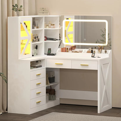 L-Shaped LED Lighted Mirror & Charging Station, White Makeup Vanity