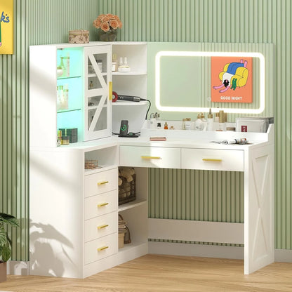 L-Shaped LED Lighted Mirror & Charging Station, White Makeup Vanity