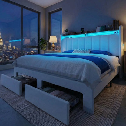 Bed Frame, 2 Storage Drawers/2-Tier Shelves with LED Lights