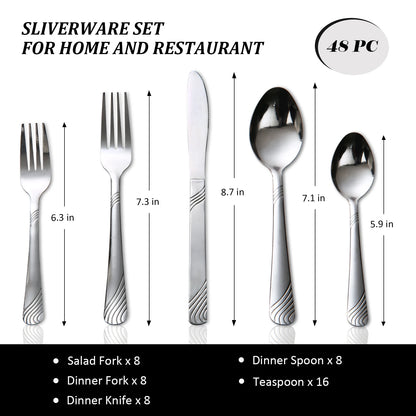 48Pcs Flatware Set Service for 8 Stainless Steel Knife Fork Spoon Tableware Flatware Set Kitchen Dinnerware Gift
