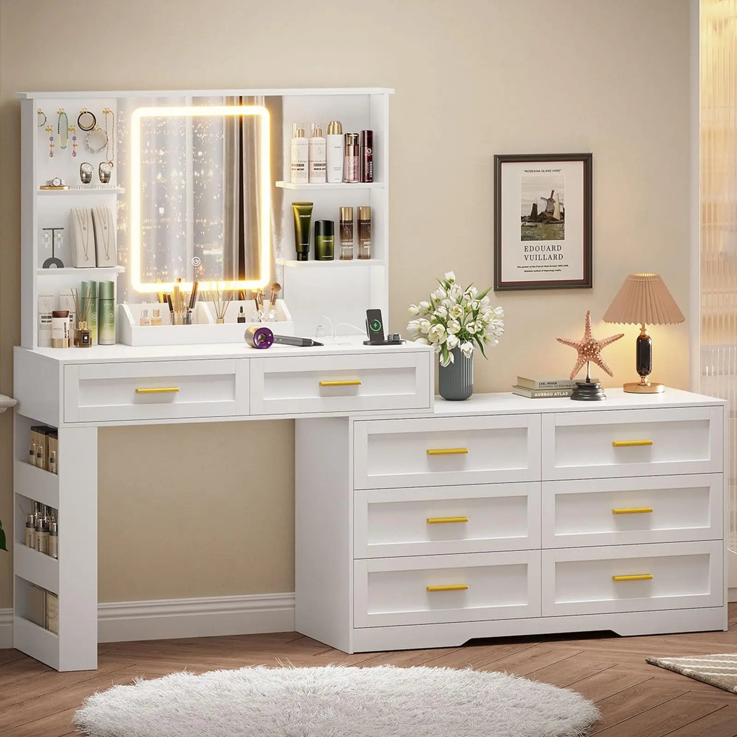 Makeup Vanity with Dresser Lighted Mirror & Power Outlet