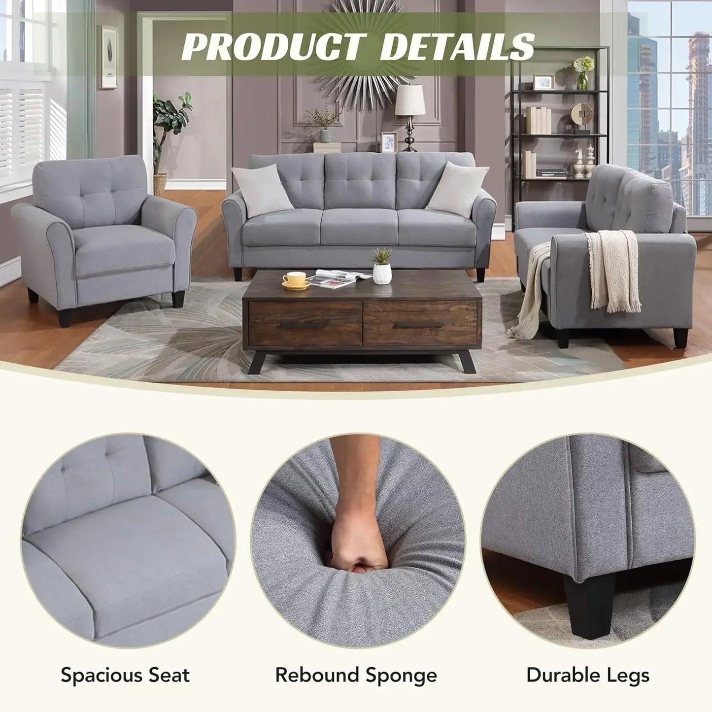 3-Piece Living Room Sectional Sofa Set, Modern Style