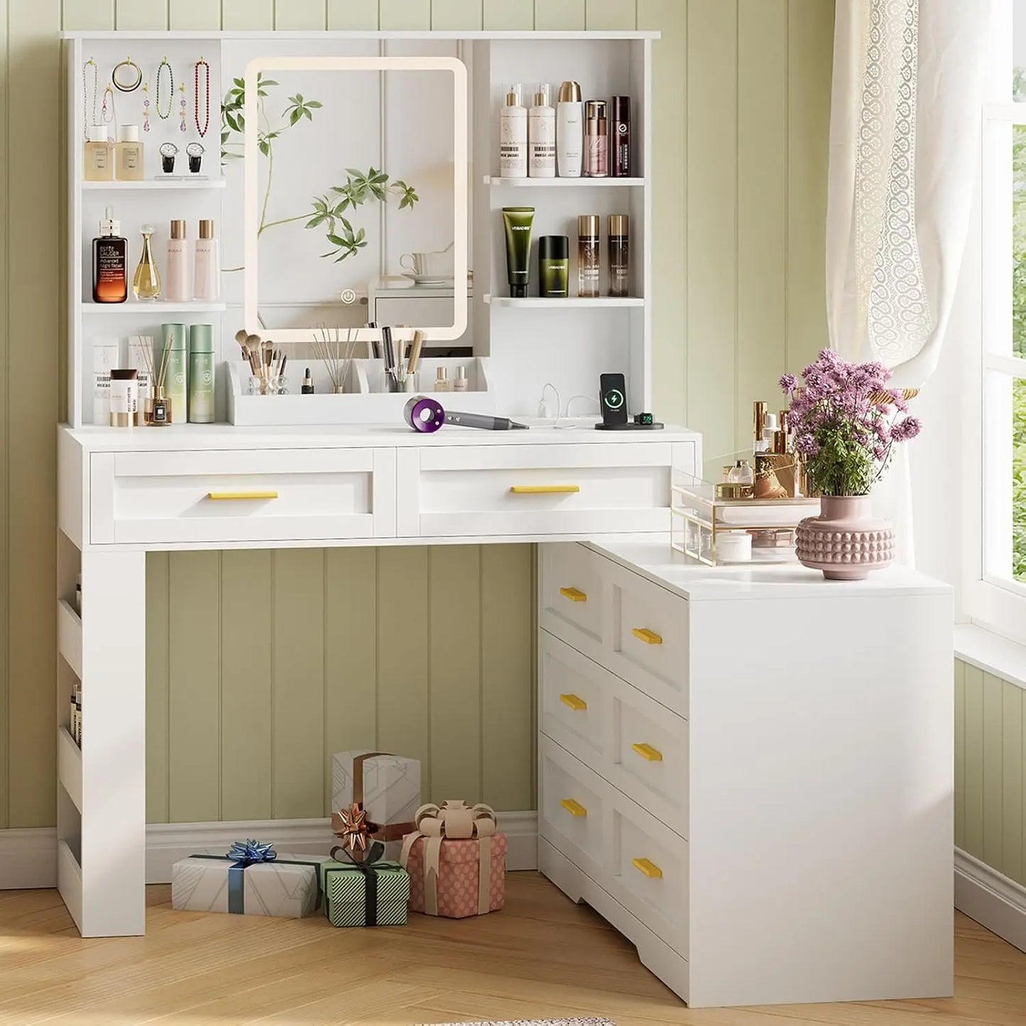 Makeup Vanity with Dresser Lighted Mirror & Power Outlet