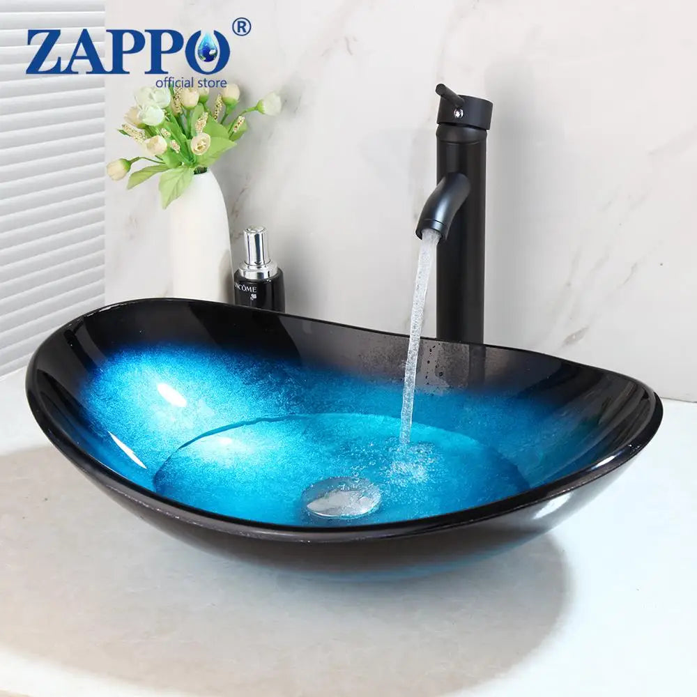 Tempered Glass Bathroom Vessel Sink with Waterfall Black Faucet Tap Bathroom Oval Blue Vessel Sinks Above Counter Basin