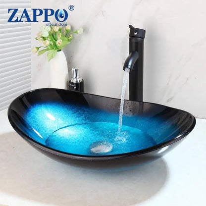 Tempered Glass Bathroom Vessel Sink with Waterfall Black Faucet Tap Bathroom Oval Blue Vessel Sinks Above Counter Basin
