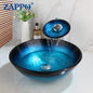 Tempered Glass Bathroom Vessel Sink with Waterfall Black Faucet Tap Bathroom Oval Blue Vessel Sinks Above Counter Basin