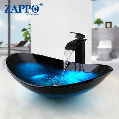 Tempered Glass Bathroom Vessel Sink with Waterfall Black Faucet Tap Bathroom Oval Blue Vessel Sinks Above Counter Basin
