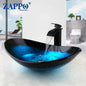 Tempered Glass Bathroom Vessel Sink with Waterfall Black Faucet Tap Bathroom Oval Blue Vessel Sinks Above Counter Basin