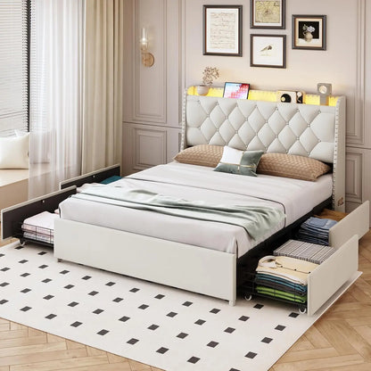 Queen Size Bed Frame with 4 Drawers & Storage Headboard
