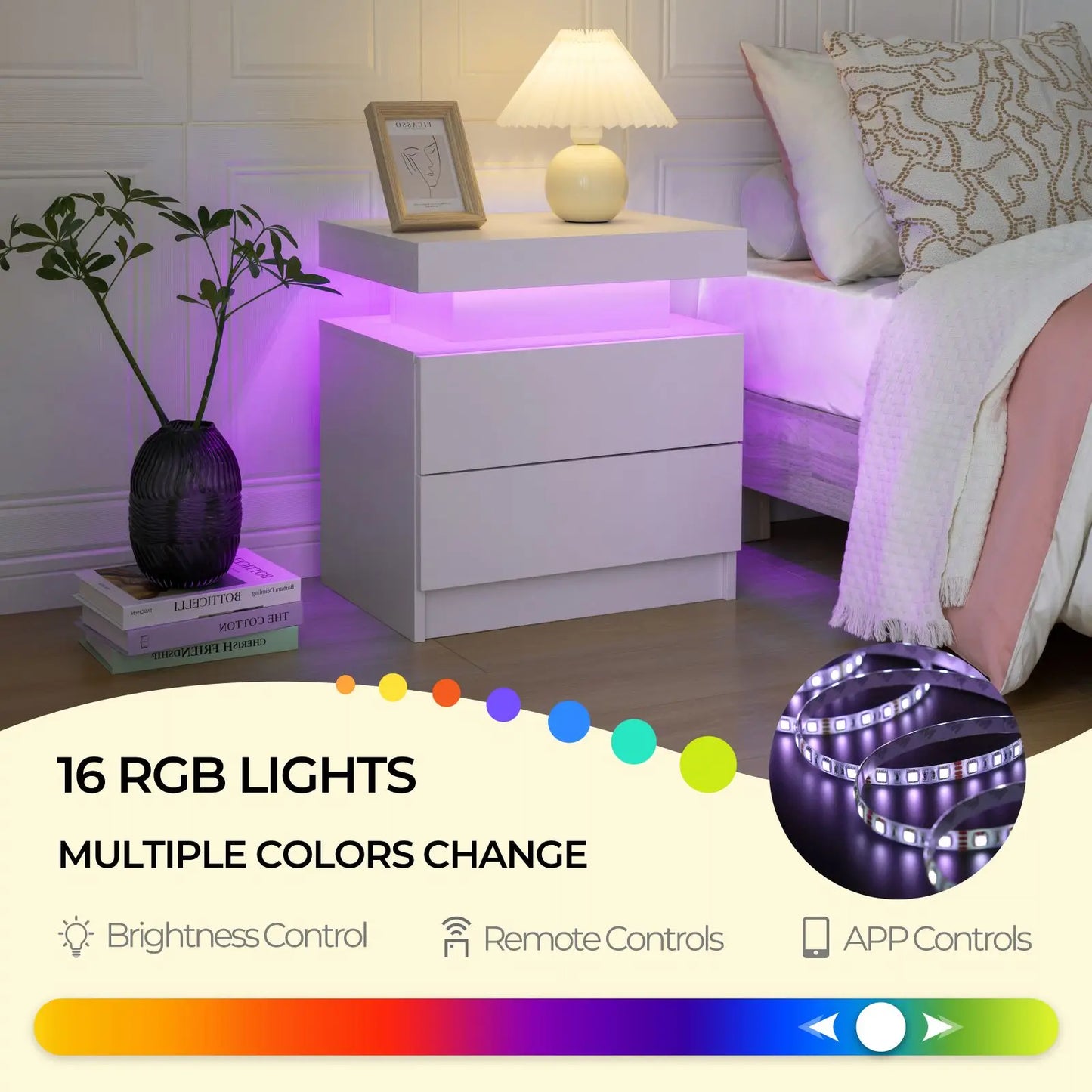 LED Nightstands with 2 Drawers, End Table