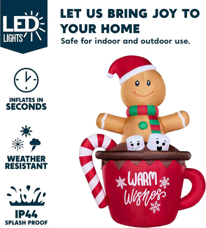 6 FT Tall Christmas Inflatable Gingerbread Man in Hot Cocoa Mug