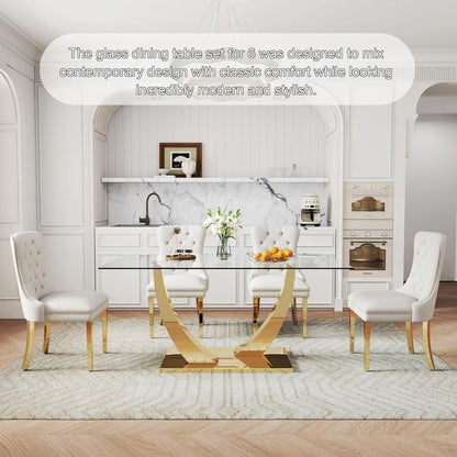 7-Piece Dining Room Set, 63" Gold Rectangular Glass Kitchen Table with 6 Beige High Back Chairs, Modern Glass Dining Table Set f