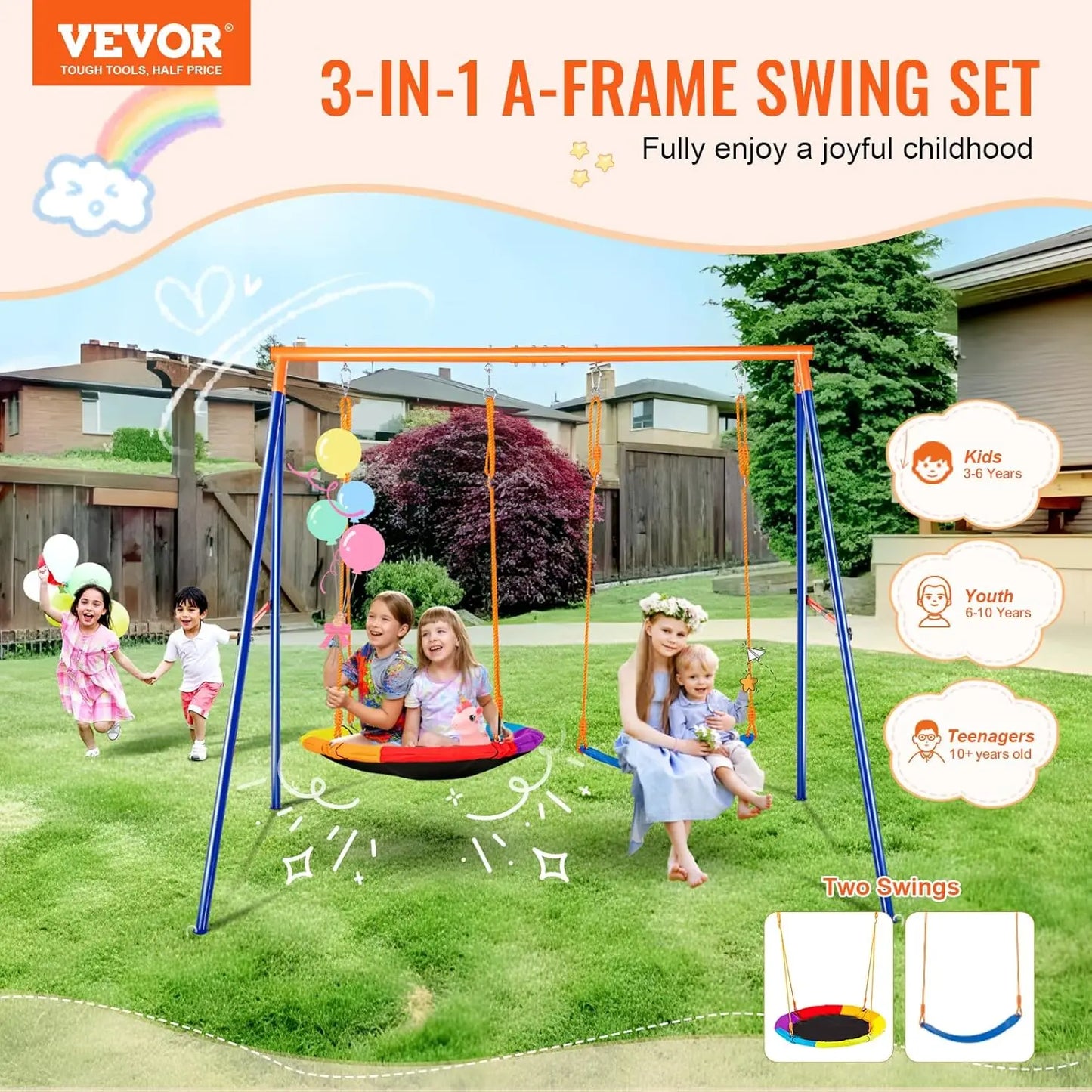 Swing Set with Saucer and Belt Seats, 440lbs Capacity