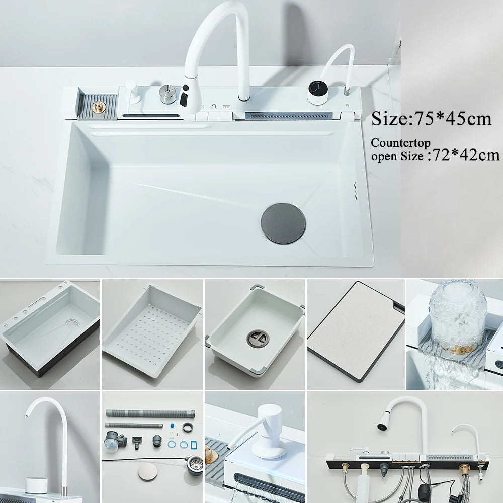 Stainless Steel Waterfall Kitchen Sink Large Single Slot Integrated Digital Display Faucet Set Soap Dispenser Cup Washer