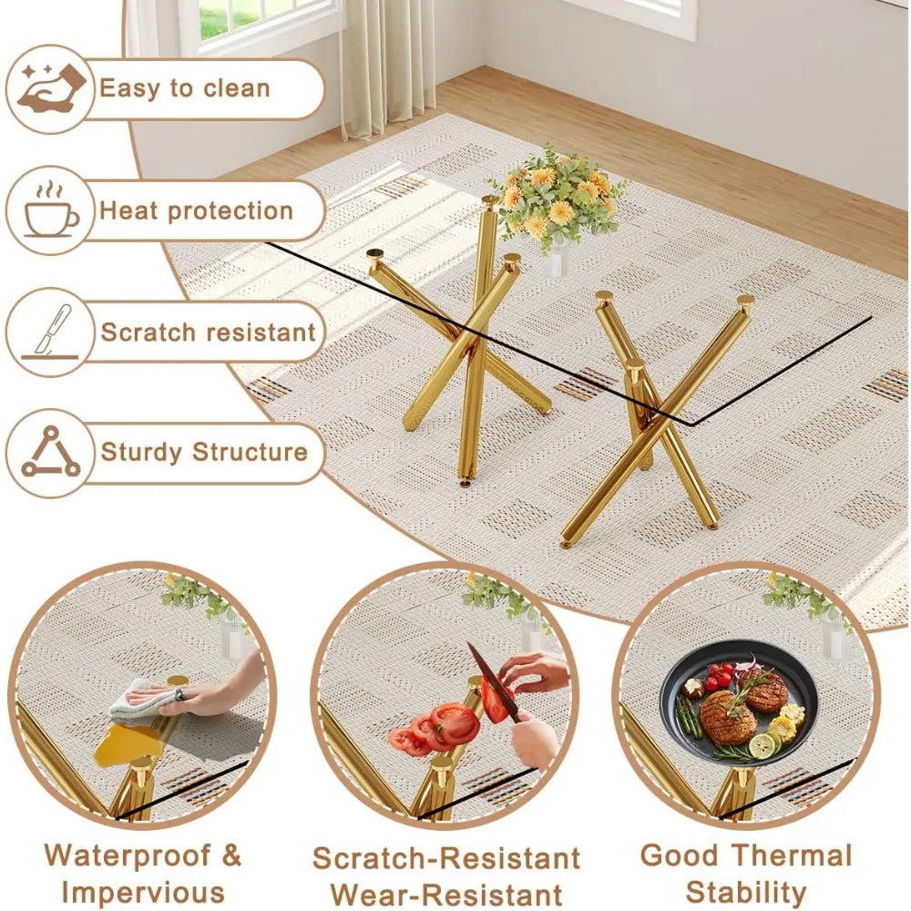 Glass Dining Table, Gold Table for 6-8