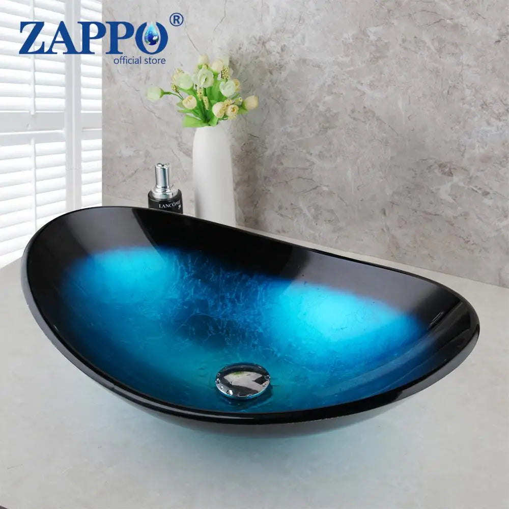 Tempered Glass Bathroom Vessel Sink with Waterfall Black Faucet Tap Bathroom Oval Blue Vessel Sinks Above Counter Basin