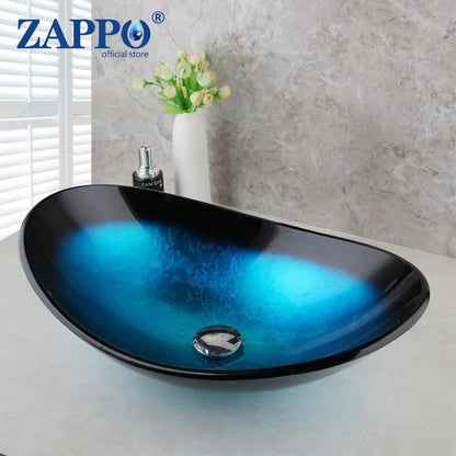 Tempered Glass Bathroom Vessel Sink with Waterfall Black Faucet Tap Bathroom Oval Blue Vessel Sinks Above Counter Basin