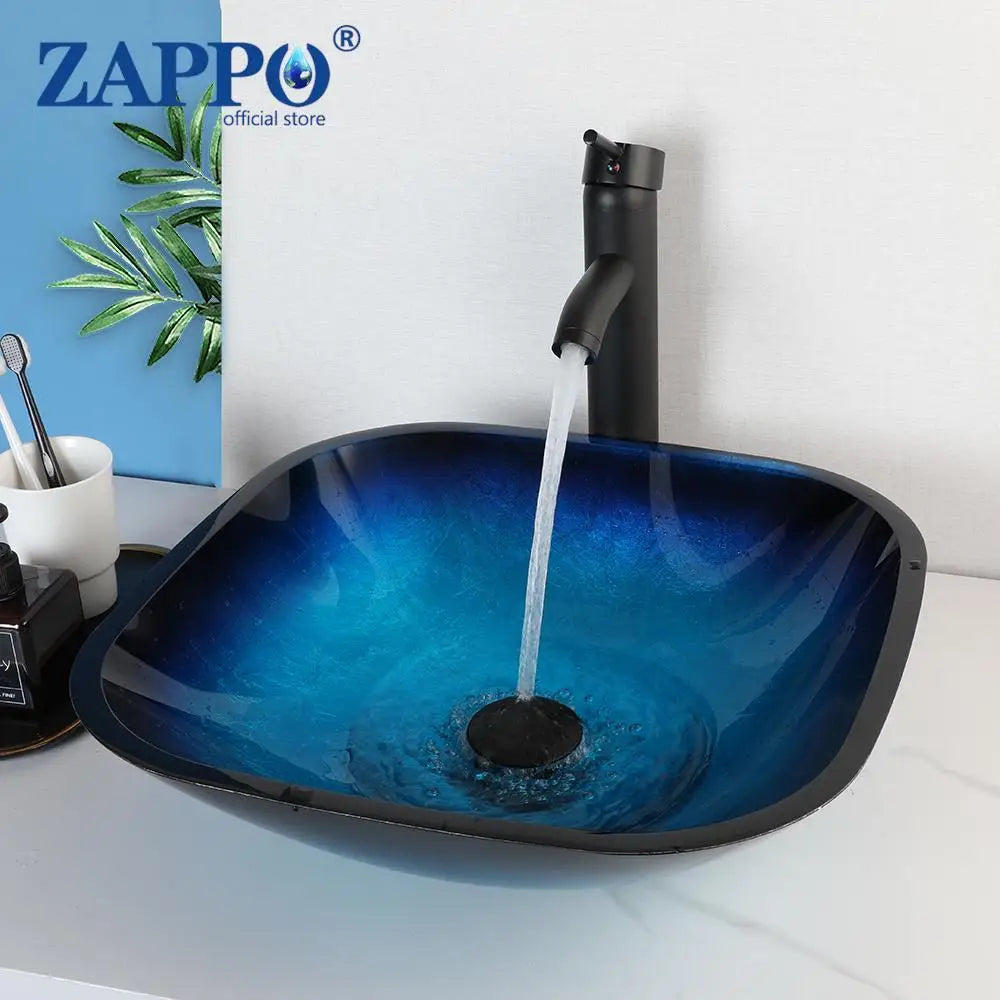 Tempered Glass Bathroom Vessel Sink with Waterfall Black Faucet Tap Bathroom Oval Blue Vessel Sinks Above Counter Basin