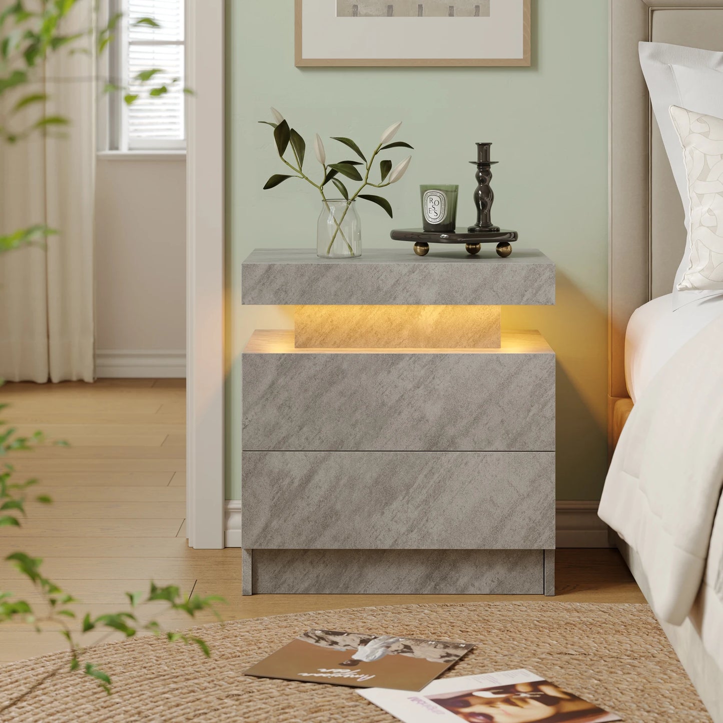 LED Nightstands with 2 Drawers, End Table