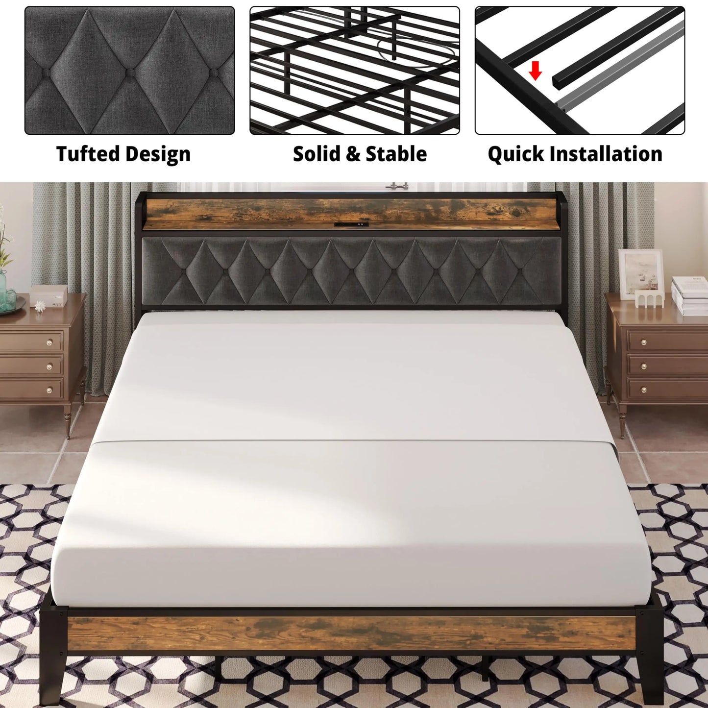 Bed Frames, Storage Headboard with Outlets