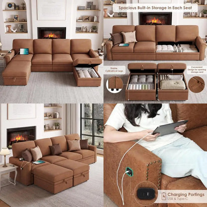 6-Seat U-Shaped Sectional Sofa with Storage and USB Ports, Brown Leather Couch, Large Seating for Comfort