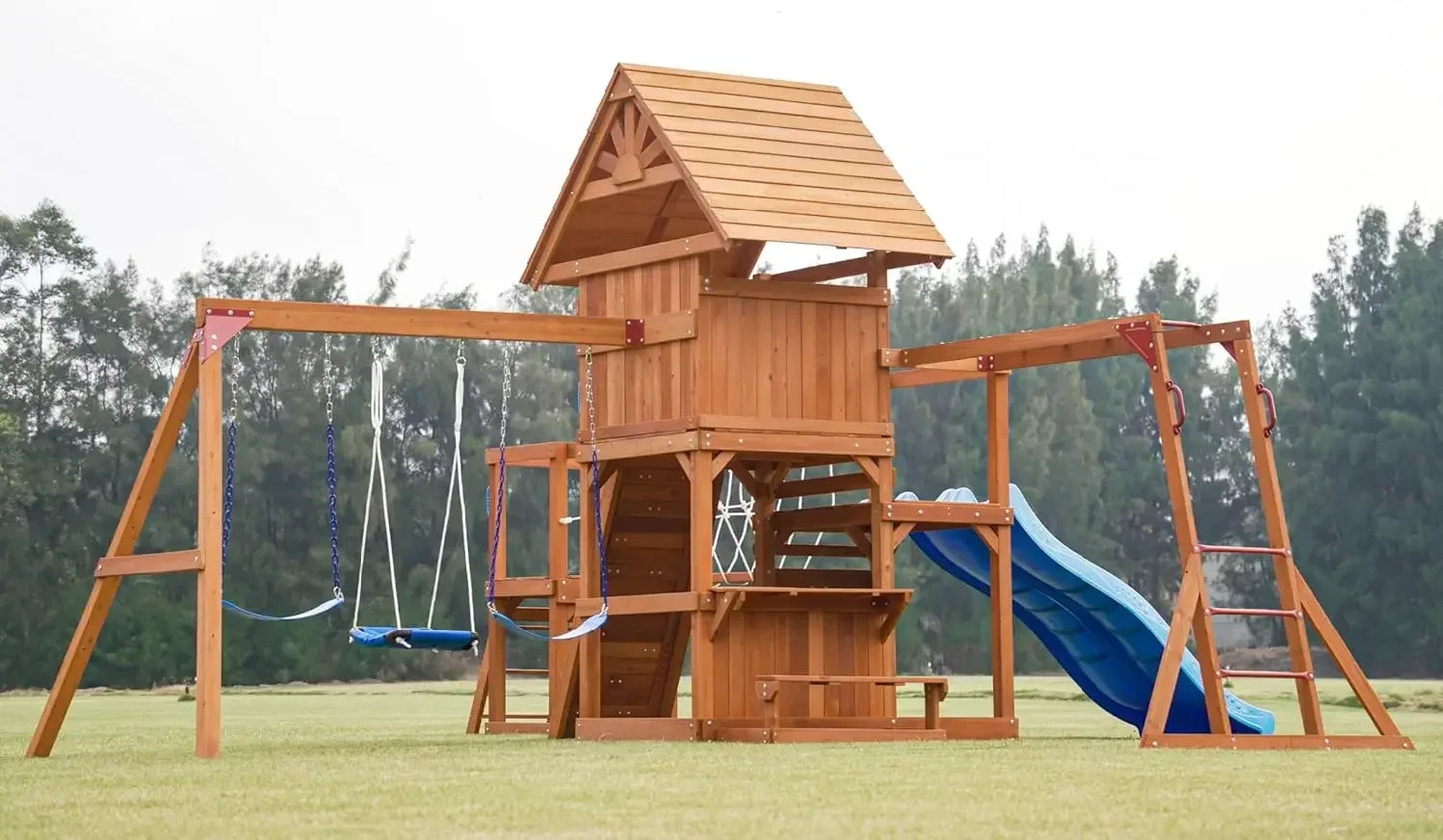 Swing Sets for Backyard with Plank Bridge, Wooden Playground Sets for Backyards with 2 Wave Slides, Monkey bar