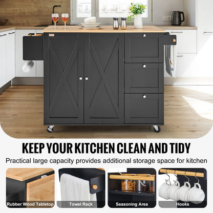 56" Kitchen Island Cart Wood Top Mobile Carts with Storage Cabinet Rolling Table with Spice Rack Towel Adjustable Shelf