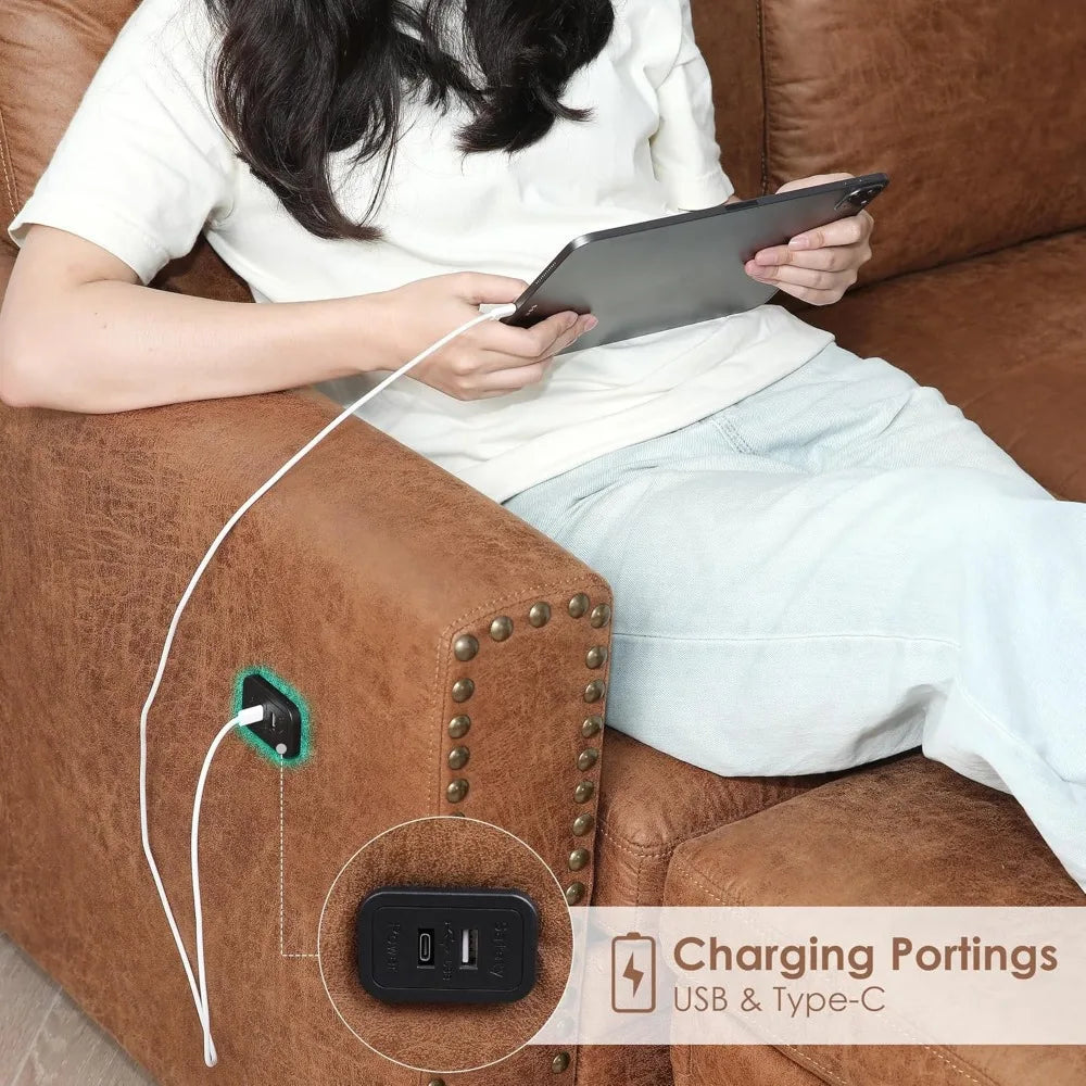 6-Seat U-Shaped Sectional Sofa with Storage and USB Ports, Brown Leather Couch, Large Seating for Comfort