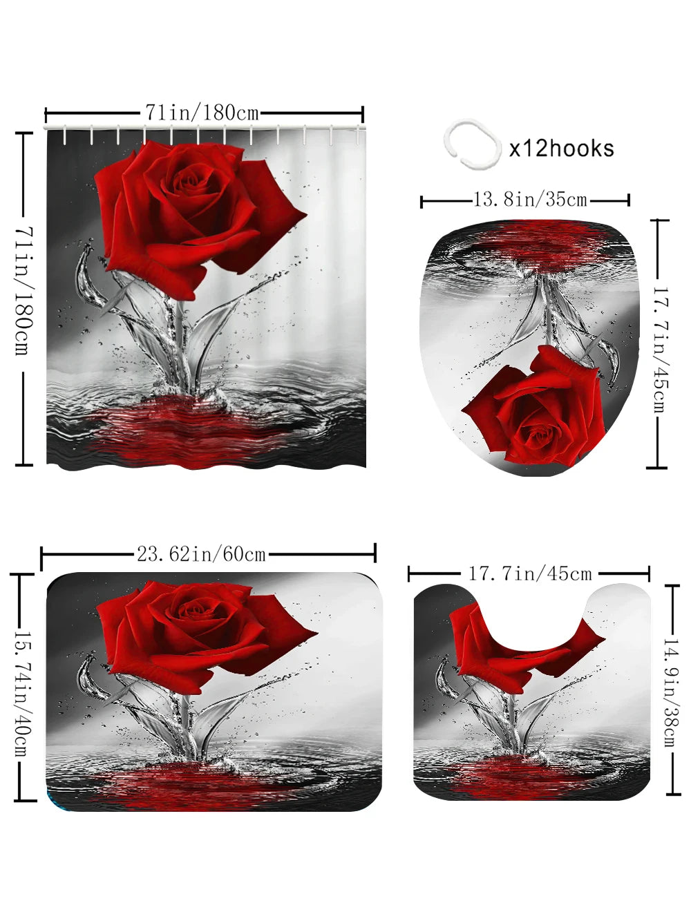Red Rose Bathroom Four-piece Set - Waterproof Shower Curtain