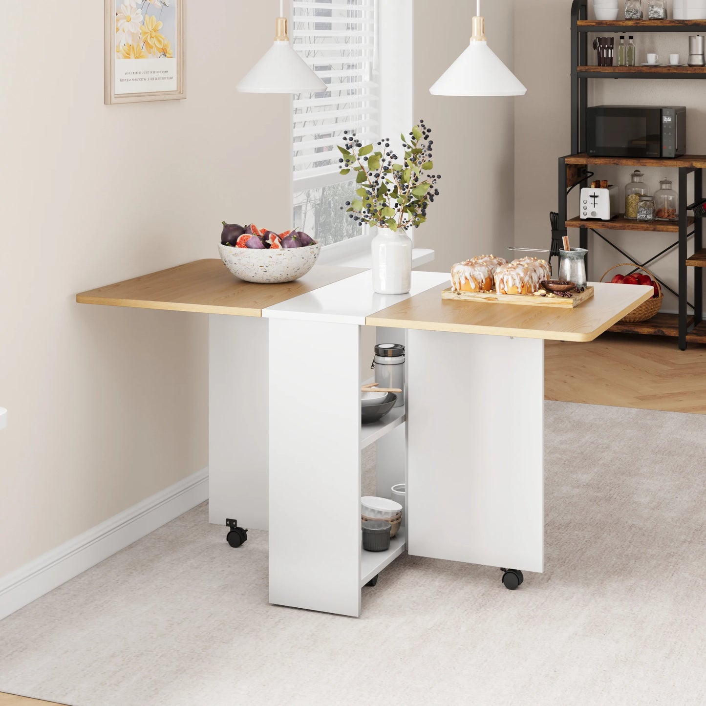 Folding Table with 6 Wheel and 2-Layer Storage Shelf