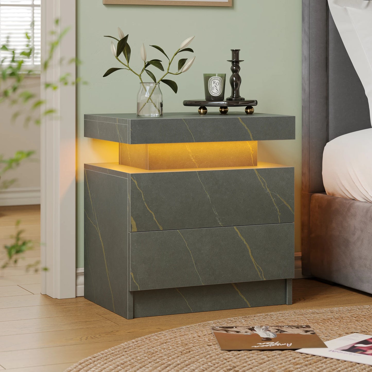 LED Nightstands with 2 Drawers, End Table