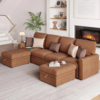 6-Seat U-Shaped Sectional Sofa with Storage and USB Ports, Brown Leather Couch, Large Seating for Comfort