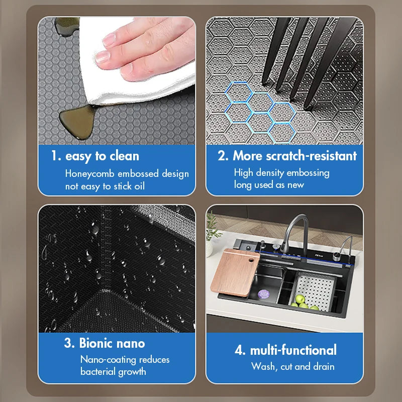 Stainless Steel Waterfall Kitchen Sink Large Single Slot Integrated Digital Display Faucet Set Soap Dispenser Cup Washer