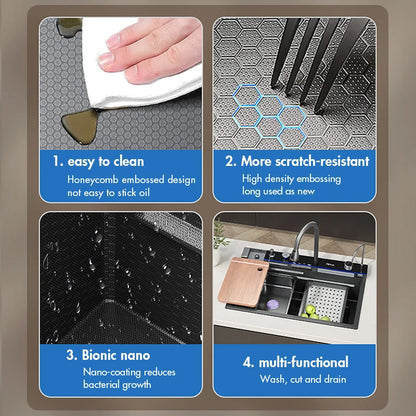 Stainless Steel Waterfall Kitchen Sink Large Single Slot Integrated Digital Display Faucet Set Soap Dispenser Cup Washer