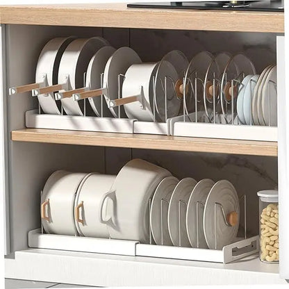 Expandable Pots and Pans Organizer Under Cabinet, Pot Lid Holder with 7Adjustable Compartment for Bakewar