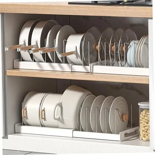 Expandable Pots and Pans Organizer Under Cabinet, Pot Lid Holder with 7Adjustable Compartment for Bakewar